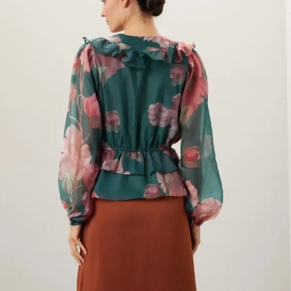 Hutch Hunter Green Chiffon Ruffle Top MEDIUM Cottage Fall Romantic Designer $180 - Picture 4 of 10